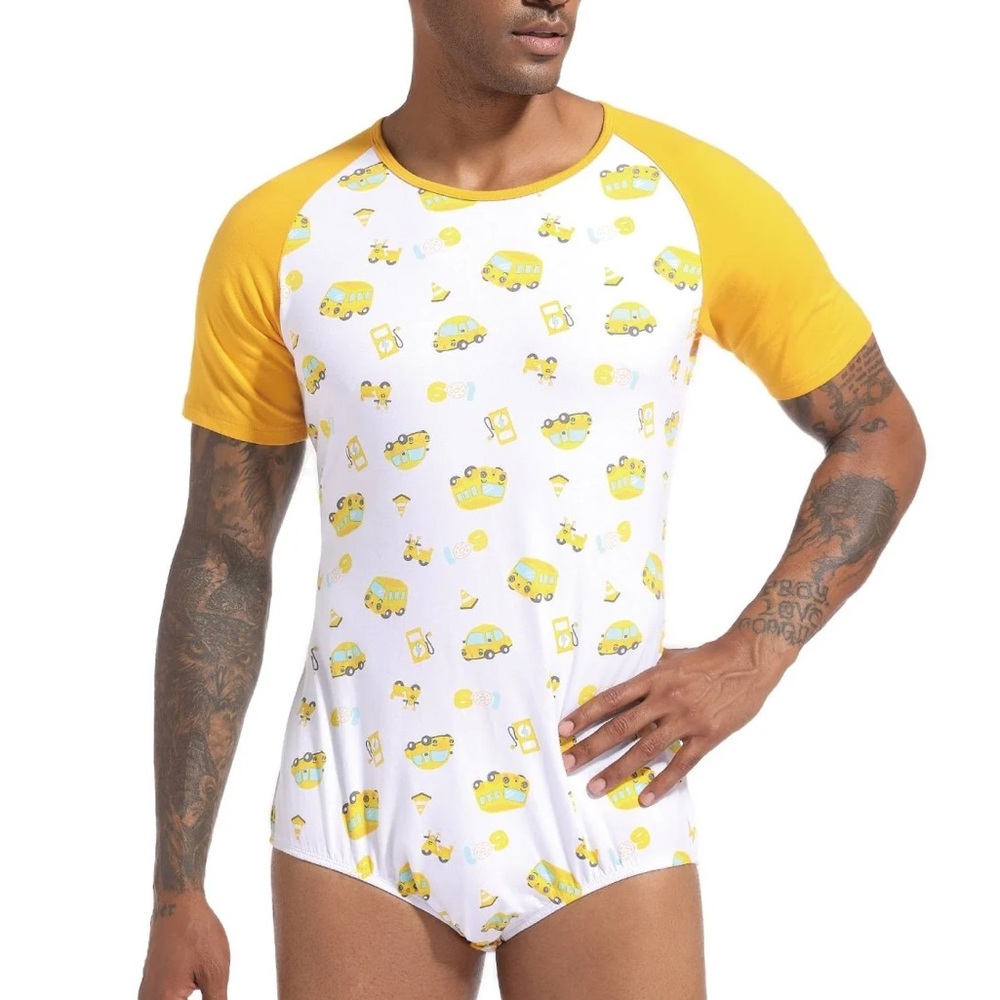 ABDL Men’s Yellow and White Graphic Onesie, Trucks, Large